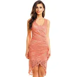 Společenské a plesové šaty MAYAADI krajkové s asymetrickou sukní lososové - Růžová / XL - MAYAADI lososová XL