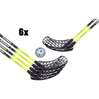 Florbalová hůl FLOORBEE 6x Douglas 32 Black / Yellow + Balls Florbalová sada žlutá / černá, 100cm (=110cm), 4x levá + 2x pravá