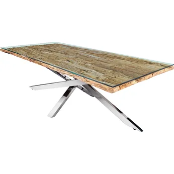 Jídelní stůl INVICTA INTERIOR Jídelní stůl BARRACUDA – masivní teakové dřevo, tvrzené sklo a chromovaná ocel / přírodní / 220 cm