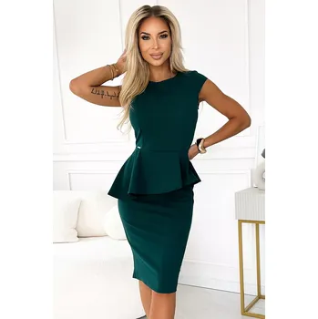 Dámské oblečení 192-16 Elegantní midi šaty s kosticí a krátkými rukávy - BOTTLE GREEN M