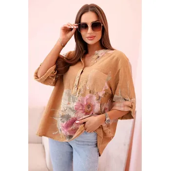 Dámská halenka Dámská blůza z bavlny s květinovým vzorem a knoflíky - camelová UNI