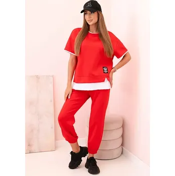 Dámská halenka Dámská máslová souprava s krátkým rukávem a kalhotami červený UNI