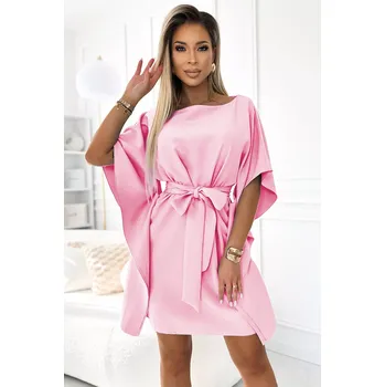 Dámské oblečení 287-30 SOFIA Dámské motýlí šaty se zavazováním v pase - PASTELOVÁ Bledě růžová S/M