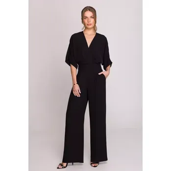Dámský overall S395 Kombinéza s širokými nohavicemi a zavinovacím výstřihem - černá EU S