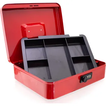 Pokladnička Pokladnička na peníze 30 cm s vkladem na mince červená kovová univerzální schránka M12732