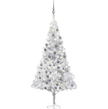 Vánoční stromek OMAXI Umělý vánoční stromek s LED a sadou koulí stříbrný 180 cm PET 497838