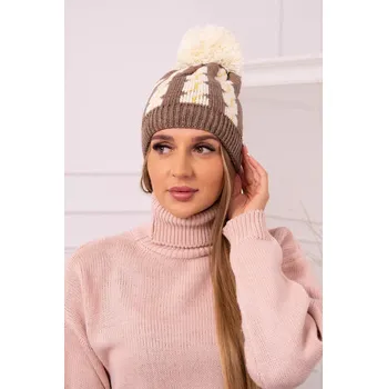 Čepice Dámská čepice s bambulí Rozalia K323 ecru+mocca UNI