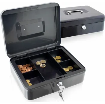 Pokladnička Kovová pokladnička na peníze tmavě šedá 25 cm transportní pokladnička M11393