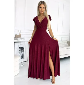 Dámské oblečení 411-8 CRYSTAL třpytivé dlouhé šaty s výstřihem - Bordeaux L