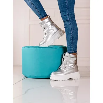 Dívčí sněhule Krásné dámské šedo-stříbrné sněhule na plochém podpatku 37