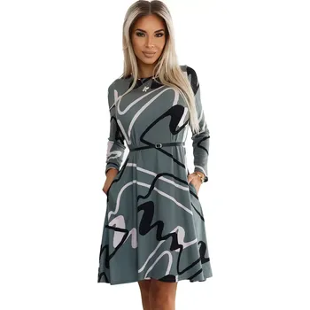 Dámské šaty 576-1 Svetrové trapézové šaty s páskem - OLIVE v černo-béžovém vzoru L/XL