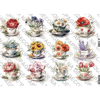 Umělecký papír Rýžový a soft papír na decoupage - Květiny v hrníčku - KB01280 Materiál: Soft, Rozměr: A4