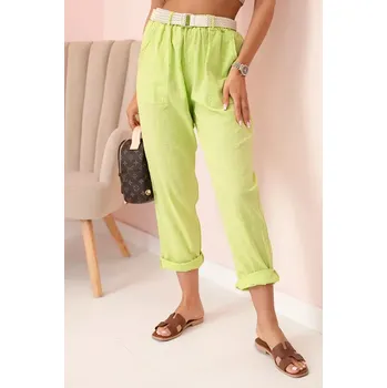 Dámské lněné kalhoty s bavlnou a páskem jasně zelená UNI