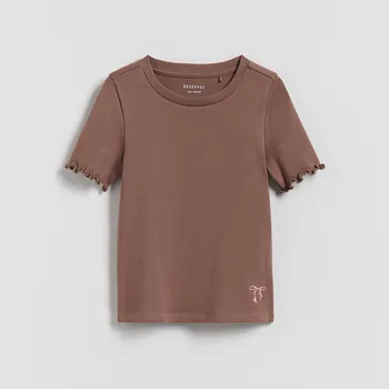 Dívčí tričko Reserved - Tričko z žebrovaného úpletu s výšivkou - béžová - 466FT-80X - 466FT-80X-116