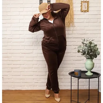 Dámská halenka Dámská plus size tepláková souprava v barvě mokka s rozepínací mikinou (8216) odstíny hnědé XXL (44)