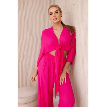 Viskózový komplet, dole zavazovaná halenka + kalhoty růžový UNI