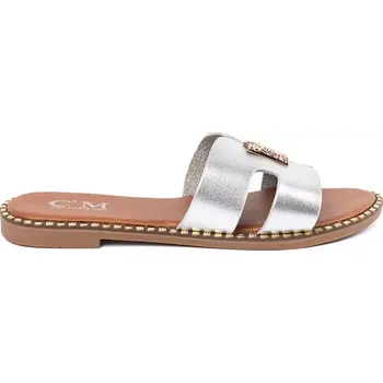 Dámské žabky Stylové nazouváky stříbrné dámské na plochém podpatku 38