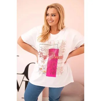 Dámská halenka Dámská bavlněná halenka Plus Size s potiskem „Day Dream“ bílá + růžová UNI