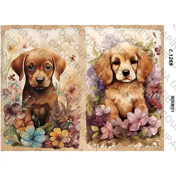 Umělecký papír Rýžový a soft papír na decoupage - Štěňátka s květinami- KB01269 Materiál: Soft, Rozměr: A4