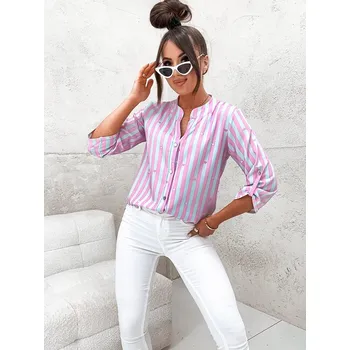 Dámská halenka Růžovo-světle modrá pruhovaná košilová halenka (739) odstíny modré L (40)