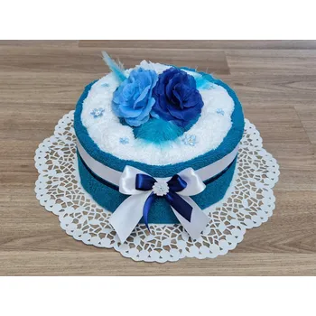 Textilní dort z ručníků Saša tyrkys/bílá