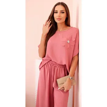 Dámská halenka Dámský komplet z viskózy s ozdobným květem a širokými kalhotami - tmavě růžový UNI