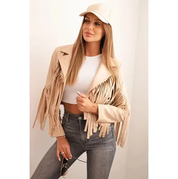 Dámská bunda z eko kůže s třásněmi v boho stylu světlá camelová UNI