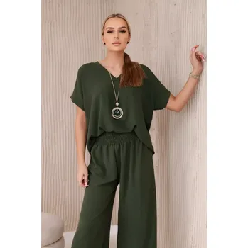 Komplet s náhrdelníkem halenka + kalhoty khaki UNI