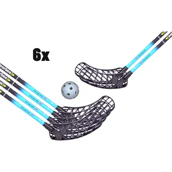 Florbalová hůl FLOORBEE 10 - 6x Douglas 32 Blue + Balls Florbalová sada černá / modrá, 100cm (=110cm), 4x levá + 2x pravá