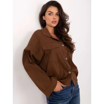 Dámská tunika Hnědá bavlněná košile s dlouhým rukávem a kapsami IT-KS-