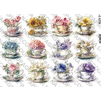 Umělecký papír Rýžový a soft papír na decoupage - Květiny v hrníčku - KB01279 Materiál: Soft, Rozměr: A4