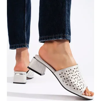 Dámské žabky Luxusní dámské nazouváky stříbrné na širokém podpatku 38