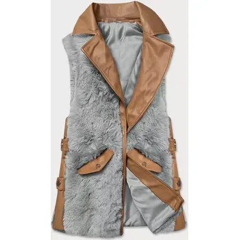 Dámská vesta Elegantní vesta v karamelovo-šedé barvě z eko kůže a kožešiny (BR9592-9022) odstíny hnědé XL (42)