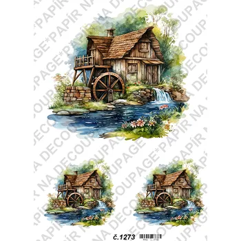 Umělecký papír Rýžový a soft papír na decoupage - Vodní mlýn - KB01273 Materiál: Soft, Rozměr: A4