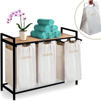 Koš na prádlo Massido Tříkomorový prádelní koš s rámem, 120L, bílý | Massido