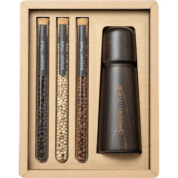 Dárkový potravinový koš Skandinávský černý mlýnek se sadou zkumavek s Kampotským pepřem v dárkové kartonové krabičce (3x10g) s gravírováním