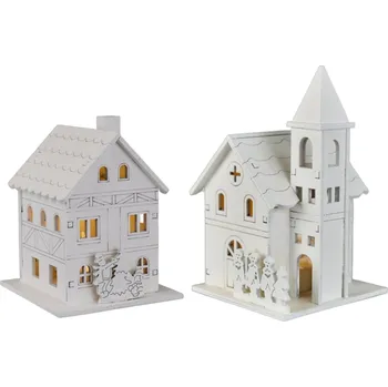 Vánoční dekorace DOMMIO dřevěný domeček 10x8 cm a kostelík 13x8 cm bílý 2 ks