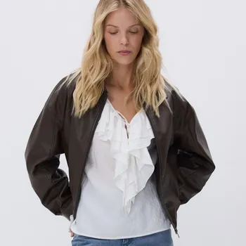 Dámský kabát Reserved - Bomber bunda s límcem - tmavě hnědá - VZ751-89X - VZ751-89X-S