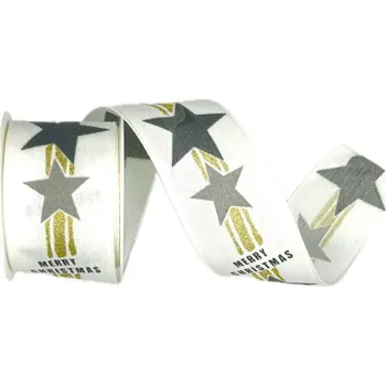 Stuha Stuha vánoční SHOOTING STAR RIBBON WHITE bílá 40mm x 2m (14,-Kč/m) (Vánoční stuha, bílá, potisk hvězd a zlatý glitrovaný efekt, taftová, s vlascem v lemu)
