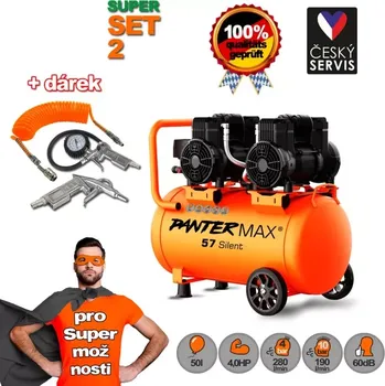 Kompresor PANTERMAX®AirFlow® 57 SILENT SET2 bezolejový tichý kompresor 2,9kW, 76dB, 10bar + 3-dílná pneu sada