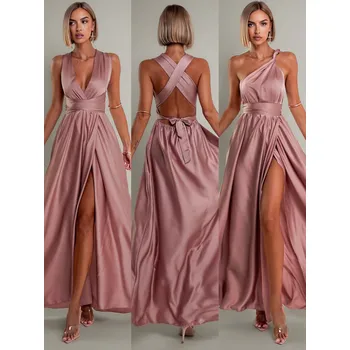 Dámské šaty Starorůžové lesklé šaty VALERDI s variabilním vázáním a rozparkem