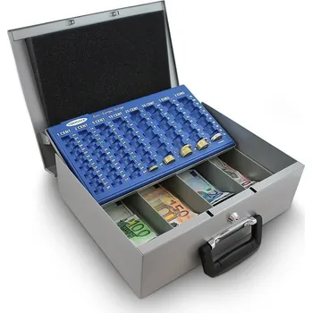 POKLADNIČKA 35CM ŠEDÁ na mince euro velká na klíč masivní M12362