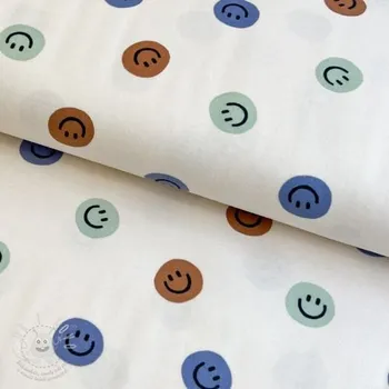 Bavlněná látka FLANNEL Happy faces off white green