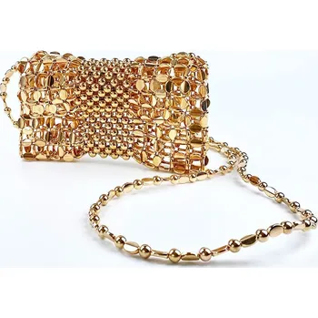 Kabelka Ručně tkaná dámská mini kabelka s korálky a zlatým řetízkem Barva (Varianta): Zlatá