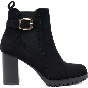 Dámské kozačky Černé dámské kotníkové boty na sloupku s ozdobnou sponou, podpatek 8,5 cm 3010B Velikost: 40