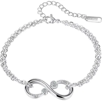 Náramek Šperky Eshop Ocelový náramek stříbrné barvy - symbol nekonečna, zirkonová srdíčka 185 mm