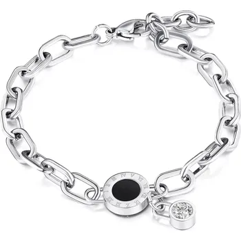 Náramek Ocelový náramek na ruku - kruh s černým středem a římskými číslicemi, zirkonová kladka