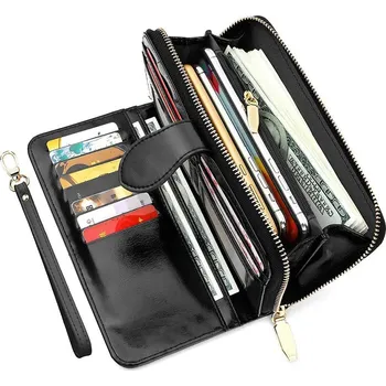 Peněženka Dlouhá voskovaná peněženka s poutkem na karty a mince Barva (Varianta): Černá