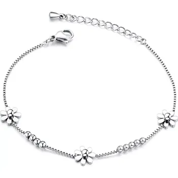 Náramek Náramek z oceli, tři kvítky, lesklé kuličky, řetízek z hranatých článků, stříbrná barva