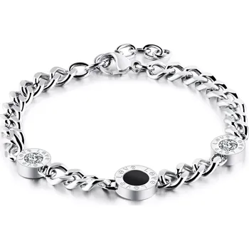 Náramek Náramek z oceli stříbrné barvy - kruhy se zirkonem a černým středem, nápisy